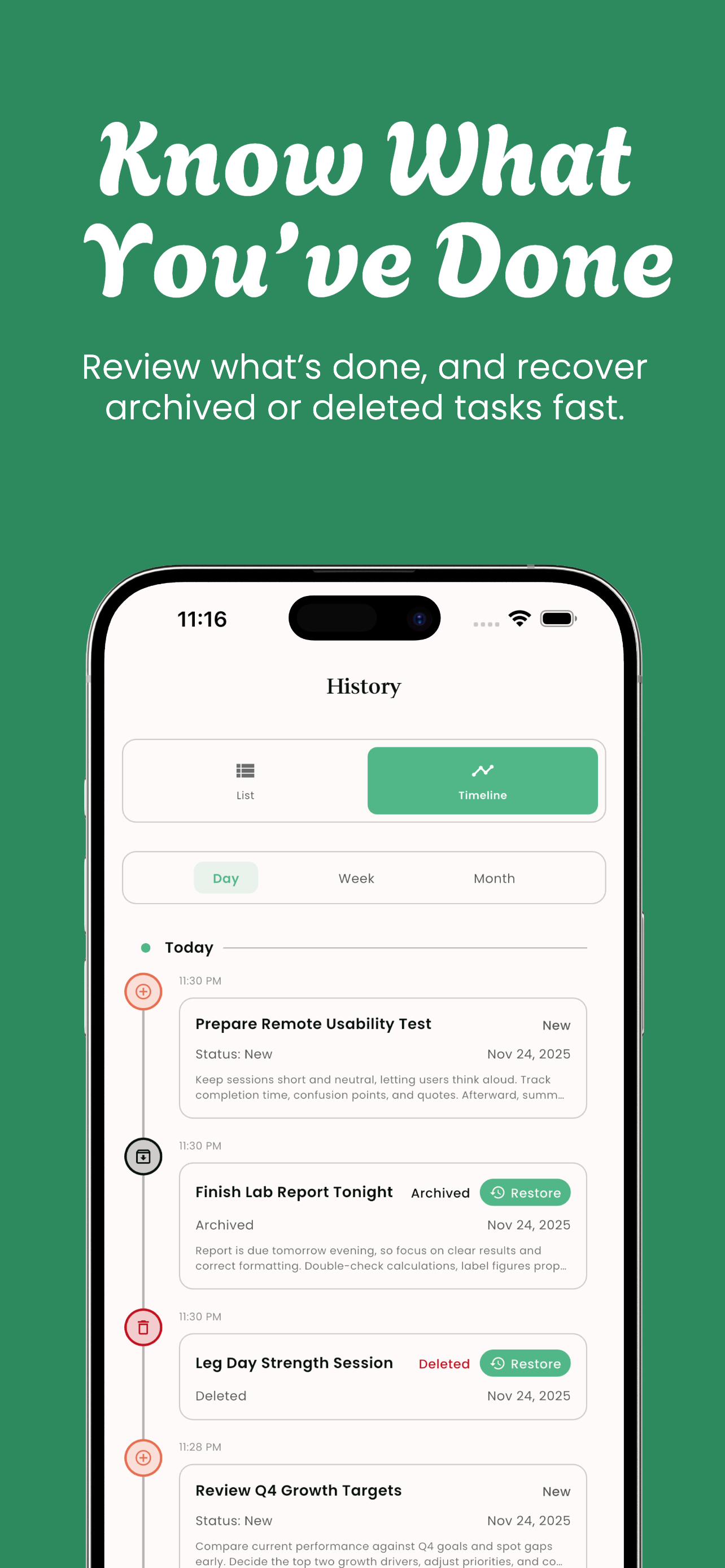 Task history timeline showing completed, archived, and deleted tasks with restore options